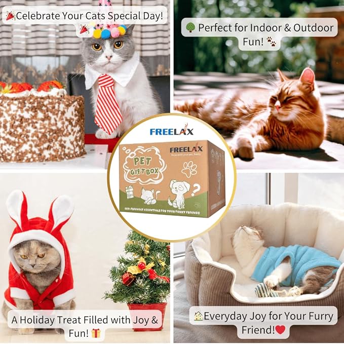 Eco-Friendly Cat Gift Box โ 7-Piece Set with Organic Catnip Toys, Feather Wand, Blanket & Pop-Up Cat Cave for Indoor Cats and Kittens