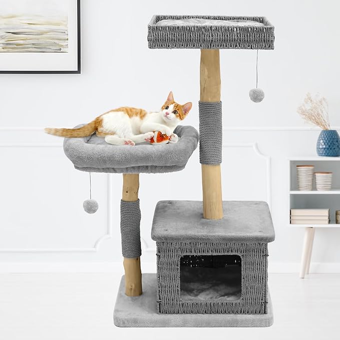 Modern Cat Tree for Large Cats - Multi-Level Wooden Tower with Scratching Posts, Large Jumping Platforms, Hanging Toy - Modern Luxury Cat Furniture for Indoor Cats-Grey