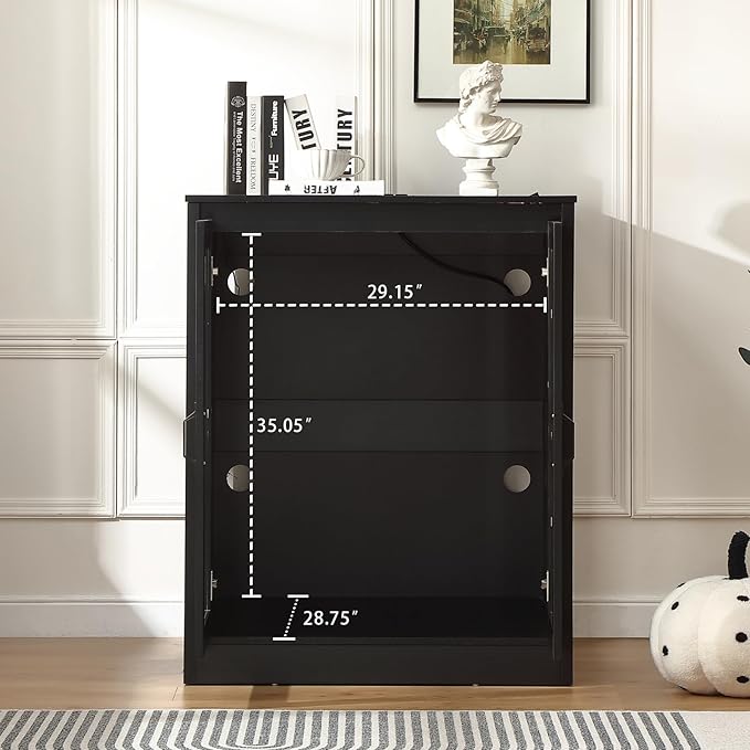 Cat Litter Robot Enclosure with Glass Cat-Observant Doors,Litter Robot Cabinet with Reversible and Optional Entry(Left or Right),Cozy LED for Cats,Power Outlet for More Choice, Black