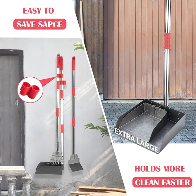 Dog Pooper Scooper Set, Pooper Scooper for Dog, Heavy Duty Stainless Steel Rake with Extra Large Tray & Spade No Bending Clean Up for Pet Waste Removal, for Grass, Dirt Or Gravel.