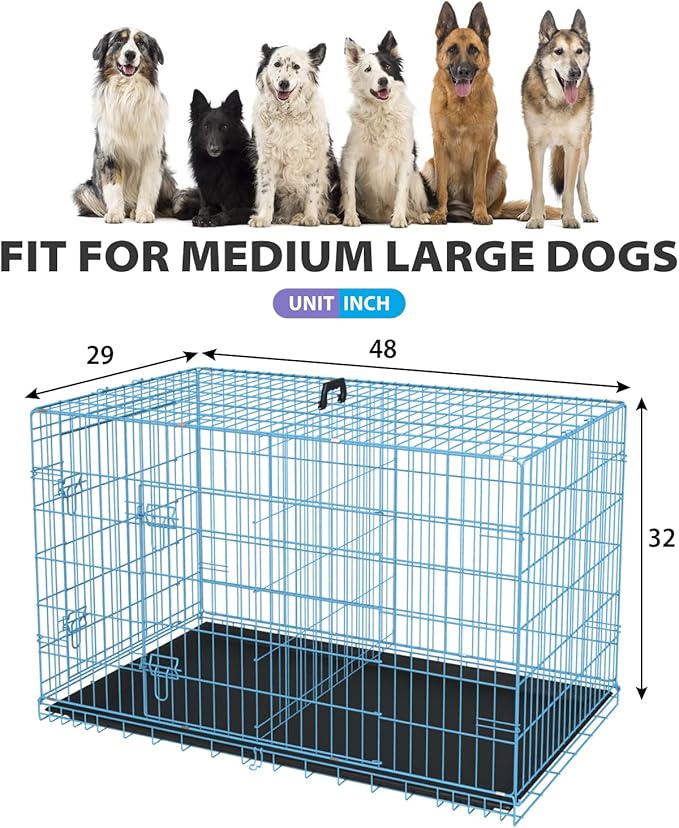 BestPet | Dog Crate | 48" | Blue | Foldable Metal Kennel with Double Doors, Secure Slide-Bolt Latches, Leakproof Tray | Portable Dog Cage for Large Breeds | for Travel, Indoor & Outdoor Use