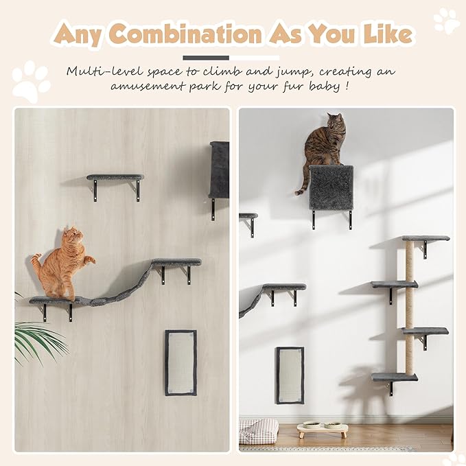 COZIWOW Wall Mounted Cat Furniture, Cat Wall Shelves and Perches, Floating Cat Shelves for Wall Set of 5 (Grey)