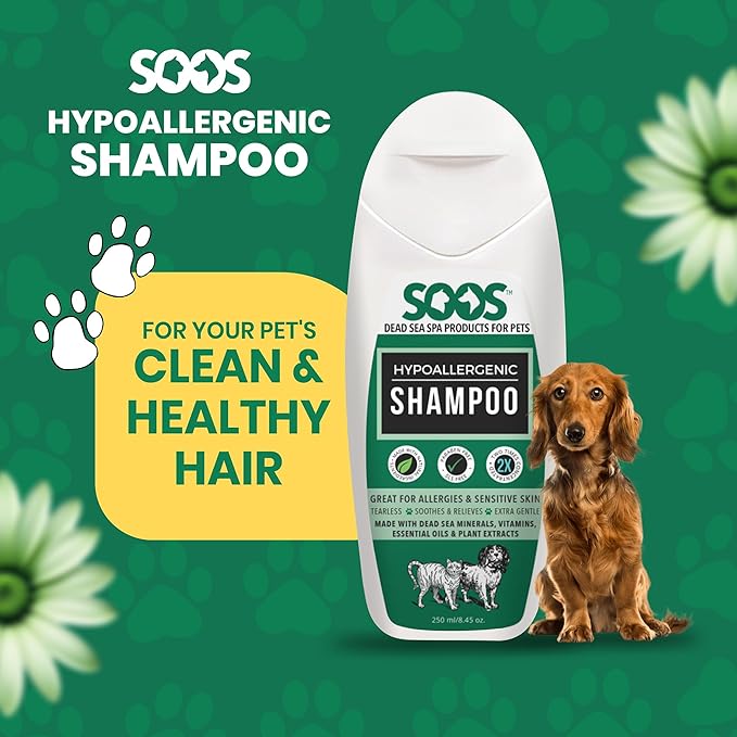 Soos Pet Shampoo Hypoaller-genic Cat and Dog Shampoo Natural Dead Sea Minerals Fast Absorbing Soothes Skin Irritation with Vitamins Essential Oils - 1 Pack (250ml)