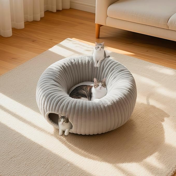 Cat Tunnel Bed for Indoor Cats, Peekaboo Cat Cave Bed,Soft Cat Donut Tunnel for Kitten Large Cats, Grey