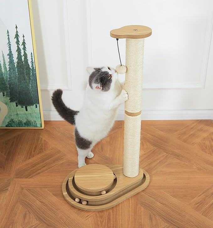 Made4Pets Cat Scratching Post Cat Scratcher Kitten Toys for Indoor Cats Wooden Ball Track Two-Layer Modern Sisal 32" Tall Scratch Post Interactive Toy with Dangling Ball Large Size