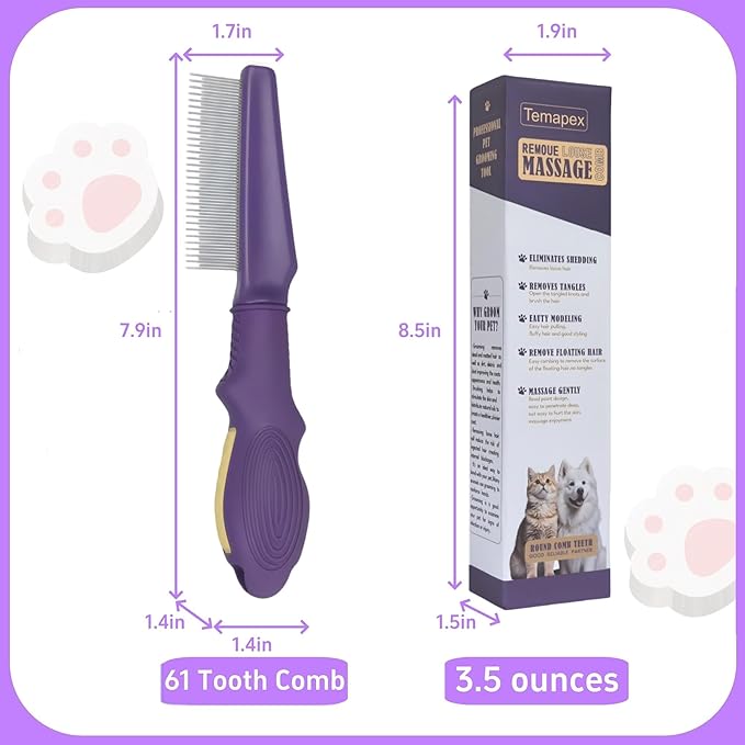 Pet Comb for Dogs & Cats with Long & Short Stainless Steel Metal Teeth For Shedding and Tangles, Non-Slip & Anti-Static Rubber Handle, Safe & Gentle Pet Grooming Comb