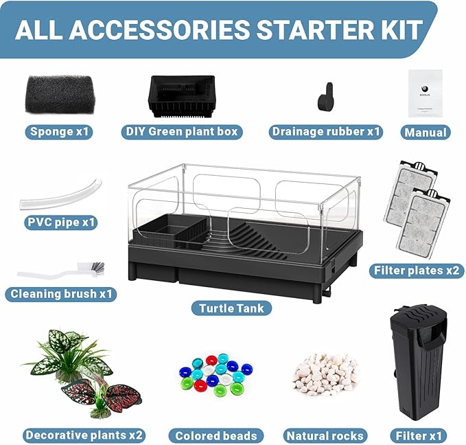 GOZILLA Small Turtle Tank Kit(Tank+Lamp+Filter), Acrylic Turtle Starter Kit with Adjustable Lamp, Reptile Habitat and Terrarium with Multi-Functional Areas for Small Reptiles. (Black Kit)