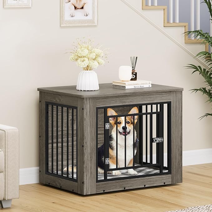 YITAHOME Dog Crate Furniture for Medium Dogs, Side End Table, Modern Dogs Kennel Indoor up to 35 lb, 2-in-1 Iron-Wood Fusion Dog Cage with Waterproof Top, Safety Corners,Steel Lock,30" L,Greige