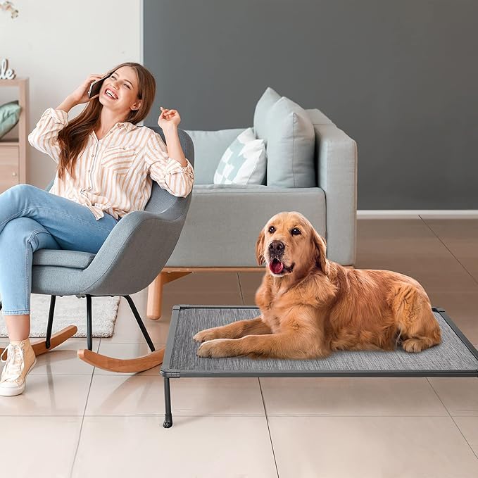 Veehoo Chewproof Elevated Dog Bed - Cooling Raised Pet Cot, Breathable Mesh, Washable & Non-Slip for Large Dogs, Indoor/Outdoor, Black Silver Mat and Black Frame, 42x30inches (Model CWC2203A03)