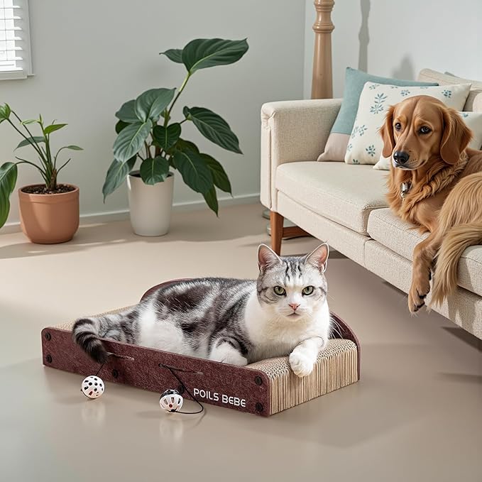 Poils Bebe 21 Inch Sofa Cat Scratcher, Small Cat Scratcher Cardboard with Bell Balls, Durable Couch Lounger for Indoor Cats, Cat Scratch Furniture Protector with Catnip, Cat Toys