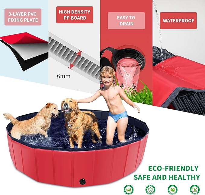 Foldable Dog Pool, 39" x 12" Kiddie Pool with Hard Plastic, Non-Slip Dog Bath Tub for Outdoor Backyard, Collapsible Dog Swimming Pool for Kids Dogs Pets (Red)