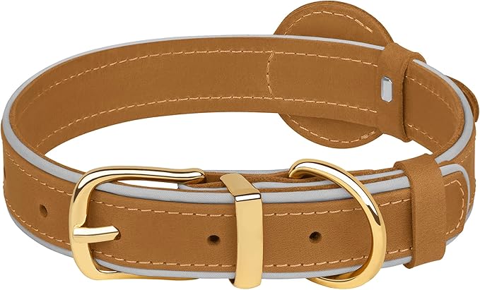 OOPSDOGGY Reflective Geniune Leather Airtag Dog Collar Soft Padded Collars for Small Medium Large Breed Dogs Puppy, 4 Sizes, 7 Colors (Camel, Small, 9"-12")