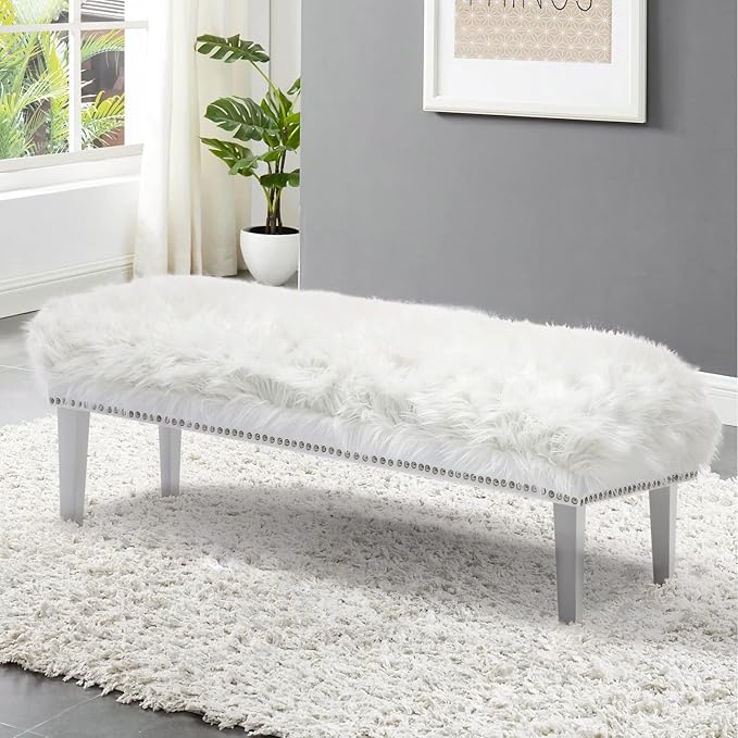 46 Inch White Bedroom Bench, Modern Multi-Purpose Bench with Wooden Legs, White Faux Fur Upholstered Bench for Bedroom, Living Room, or Entryway