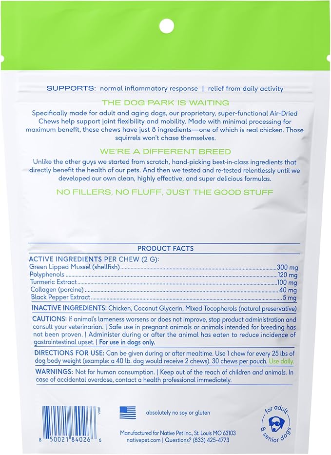 Native Pet Pain Relief for Dogs - Collagen for Dogs Promotes Joint Health, Reduce Inflammation & Stiffness - Senior Pup Joint Supplement - Natural Pain Reliever for Active & Aging Pets - 30 Chews