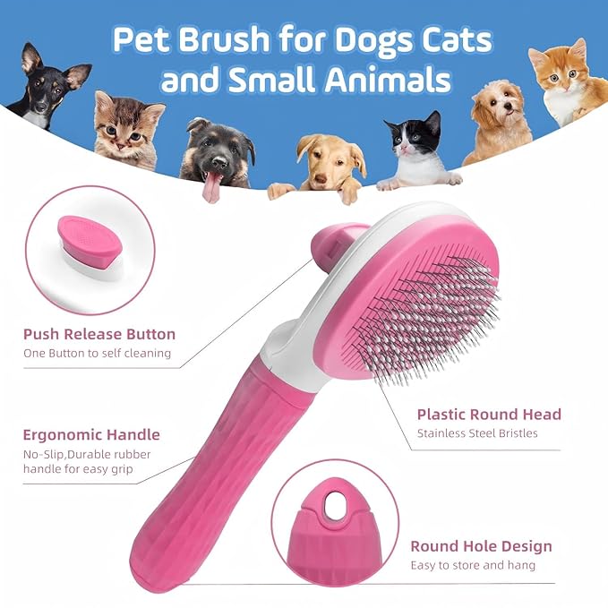 Cat Hair Brush, Cat Brush for Shedding with Metal Comb, Self Cleaning Pet Hair Brush with Release Button - Skin Friendly Deshedding Grooming Brush for Short and Long Haired Cats