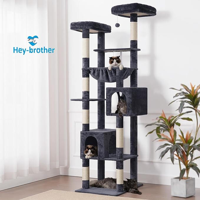 Hey-brother Tall Cat Tree Tower, Heavy Duty Scratching Posts with Large Platforms, Cozy Condos, Big Hammock, Toy Balls, Multi-Level Furniture for Indoor Adult Cats, 80.7 Inches, Smoky Gray MPJ039G
