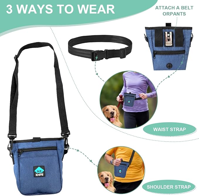 Dog Treat Pouch Magnetic Closure with Training Clicker,Hands-Free Design to Prevent Spills,Built in Poop Bag Dispenser,3 Ways To Wear,Metal Clip Waist Belt and Fanny Pack for Pet Walking(Blue)