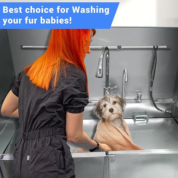 Professional Dog Grooming Tub, 62" Stainless Steel Dog Wash Station with Foldable Ramp, Storage Drawer, Floor Grate & Faucet/Dog Bathtub for Large, Medium & Small Pets - Left Door (62")