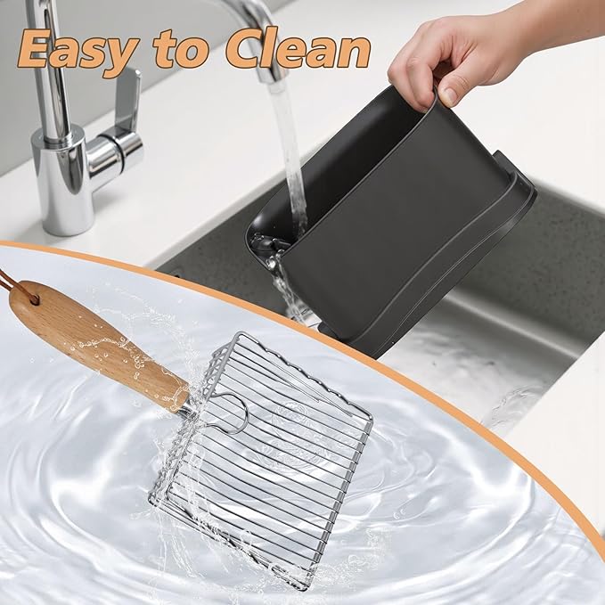 Metal Cat Litter Scoop with Holder, Poop Scooper with Stand&2 Rolls of Garbage Bag, Heavy Duty Stainless Steel Shovel with Wooden, Kitty Quick Sifter for Easy Cleaning, Essential Item for Cat