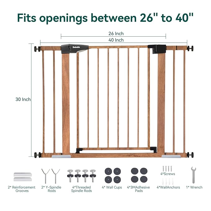 Mom's Choice Award Winner-BABELIO 26-40 Inch Metal Baby Gate with Wood Pattern, Easy Install Pressure Mounted Dog Gate, Ideal for Stairs and Doorways, with Wall Protectors and Extension Kits