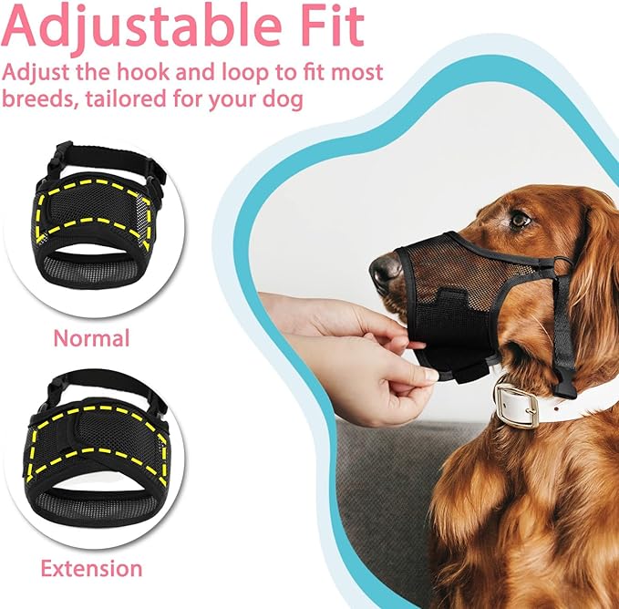 LUCKYPAW Dog Muzzle, Mesh Muzzle for Large Medium Small Dogs, Soft Mouth Guard for Biting Chewing, Breathable Mouth Cover with Adjustable Hook and Loop for Training, Grooming(Black, S)