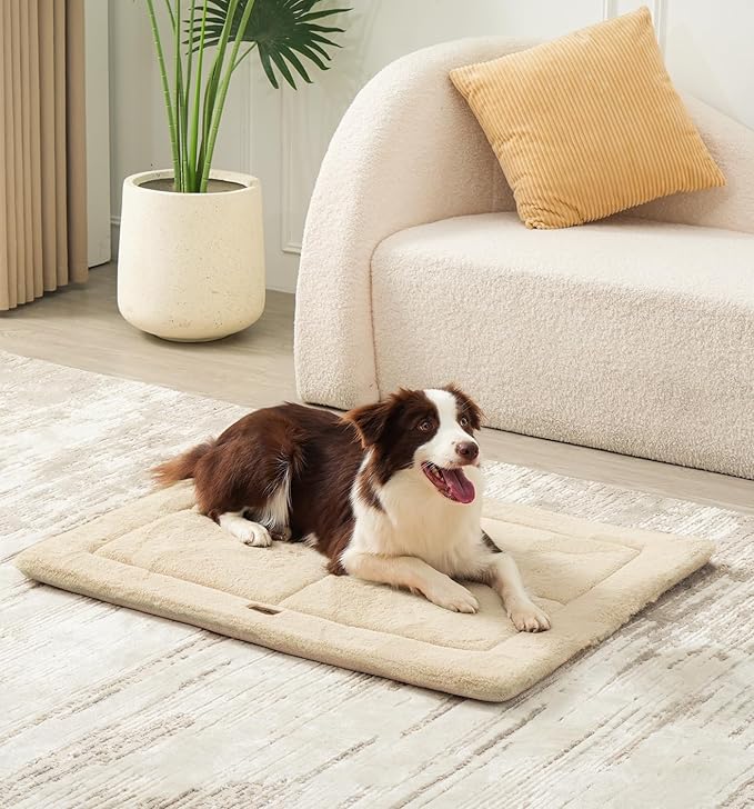 MADE 4 PETS Dog Crate Pad Bed for Medium Dogs, Washable & Reversible, Anti-Slip Kennel Mat for Cozy Sleeping, Soft Fluffy Dog Bed for Indoor & Outdoor Use, 29"x21", Beige