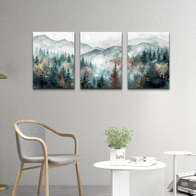 TTHYUEWS Farmhouse Wall Art For Living Room Canvas Wall Decor For Bedroom Wall Pictures for Office Fog Forest Mountain Landscape Watercolour Paintings Artwork Home Decorations Ready To Hang 3 Piece