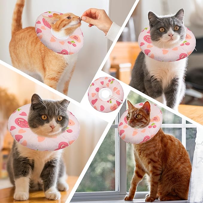 Cat Cone Soft Collar, Adjustable Cat Recovery Collar for Small Medium Large Cats, Cute Donut E Collar After Surgery, Anti-Lick Wound Healing Elizabethan Collar for Kittens (Pink Heart, Large)