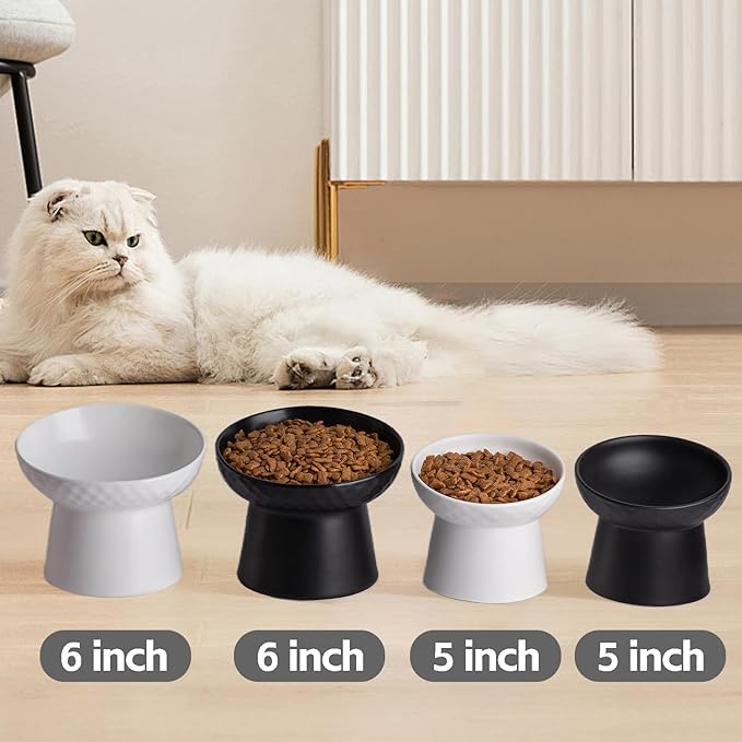 Ceramic Raised Cat Bowls, Elevated Tilted Cat Food and Water Bowls Set, Porcelain Stress Free Pet Feeder Dish for Cats and Small Dogs, Dishwasher and Microwave Safe, Set of 2(Black)