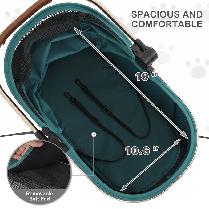 MoNiBloom 3 in 1 Pet Stroller with Adjustable Handle, Jogging Stroller w/Detachable Carrier & Lightweight Aluminum Frame for Dogs Cats, Hunter Green