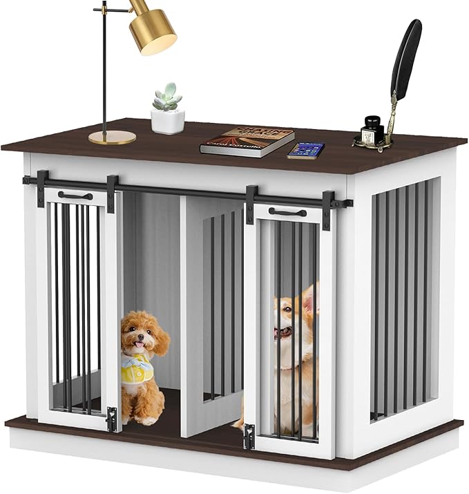 RQZ Double Dog Crate Furniture for 2 Dogs Heavy Duty Wood Dog Cage Table with 2 Sliding Doors and Removable Divider Dog Kennel Indoor for Medium Large Dogs (47" L x 24" W x 35" H)