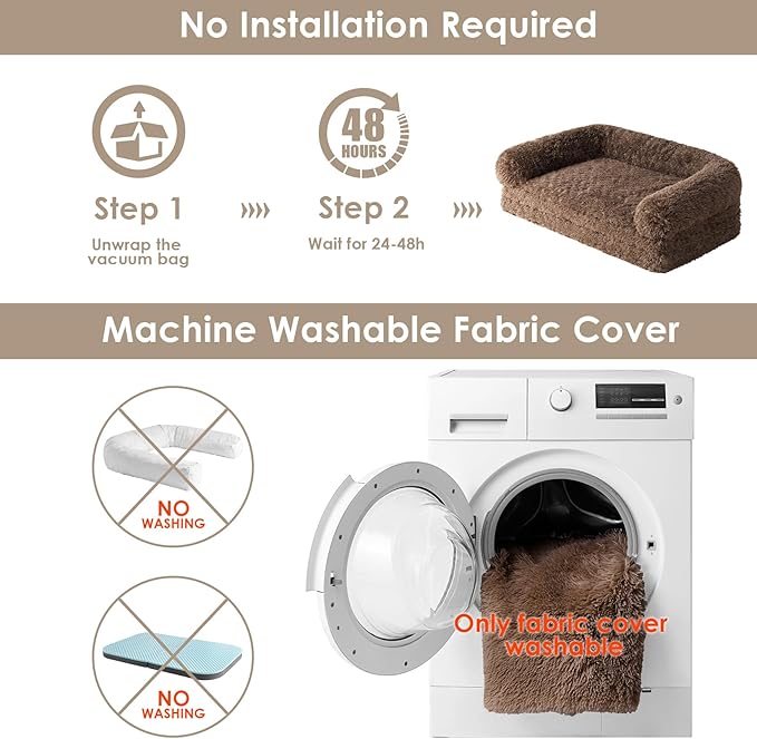 EHEYCIGA Foldable XL Dog Bed, Faux Fur Fluffy Pet Couch Bed for Large Dogs, Orthopedic Calming Memory Foam Big Pet Bed, Washable Soft Pet Sofa Bed with Non-Slip Bottom, Brown, 46"x34"x6.5"