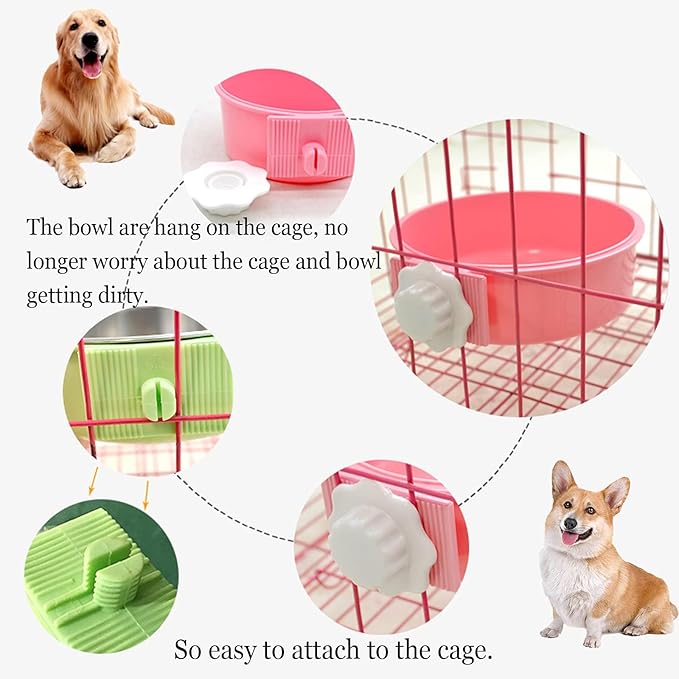 kathson Crate Dog Bowl, Removable Stainless Steel Hanging Pet Cage Bowl Food & Water Feeder Coop Cup for Cat, Puppy, Birds, Rats, Guinea Pigs 2pcs(Blue,Pink)