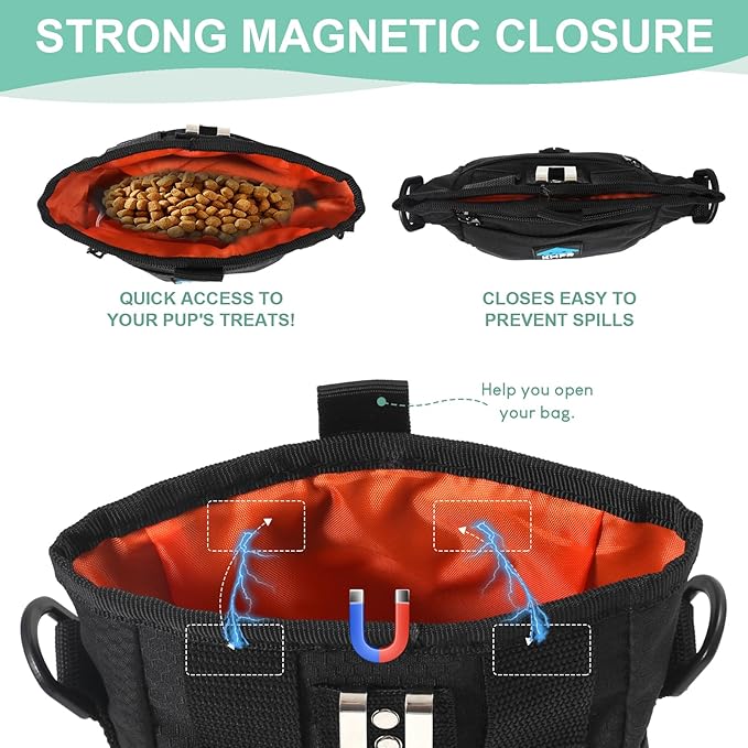 Dog Treat Pouch Magnetic Closure with Training Clicker,Hands-Free Design to Prevent Spills,Built in Poop Bag Dispenser,3 Ways To Wear,Metal Clip Waist Belt and Fanny Pack for Pet Walking(Black)