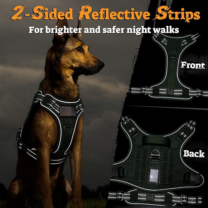 rabbitgoo Dog Harness Medium Sized No Pull, Tactical Service Pet Vest with Molle and Control Handle, Adjustable and Reflective Military Harness for Easy Walking and Training, Green, M