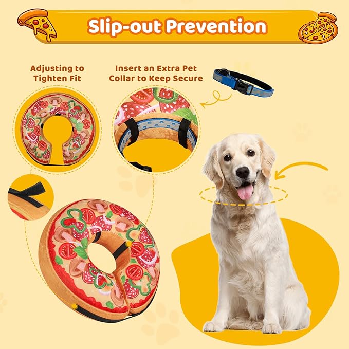 Grand Line Pizza Inflatable Collar for Dog and Cat, Soft Protective Recovery Cone After Surgery, Blow up Pet Donut Collar Cone, E-Collar Alternative Does not Block Vision (Cartoon, Large)