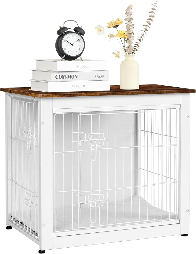 DWANTON Dog Crate Furniture with Cushion, Wooden Kennel Table with Double Doors, Indoor Dog House, Small/Medium/Large Size, 27.2" L, White+Rustic Brown