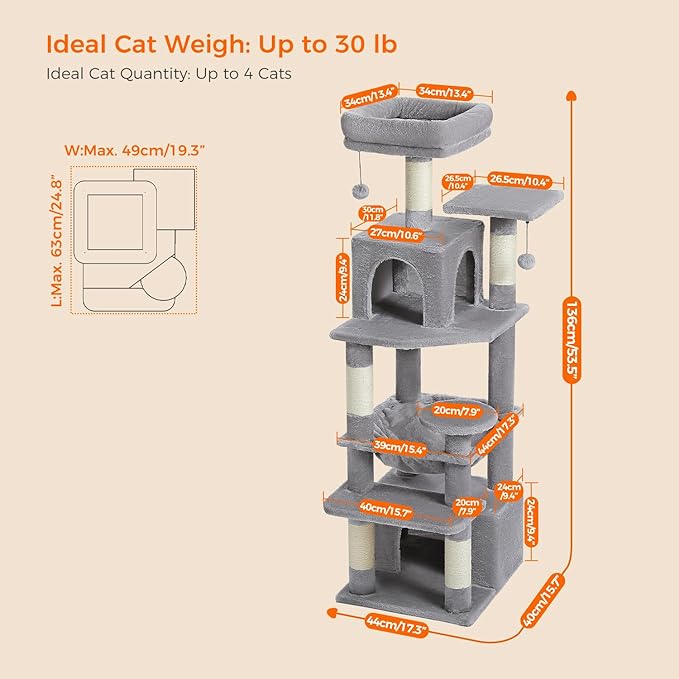 PAWZ Road Cat Tree, 53.5 Inches Tall Cat Tower with Spacious Hammocks, Condos and Scratching Posts, Cat House with Dual Padded Perches for Indoor Large Cats-Gray