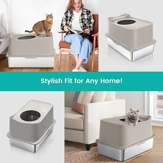 Stainless Steel Cat Litter Box, XL Top Entry Litter Box for Big Cats, Enclosed Large Cat Box with High Wall, Metal Cat Litter Pan Never Absorbs Odors, Easily Cleaning, Include Scoop