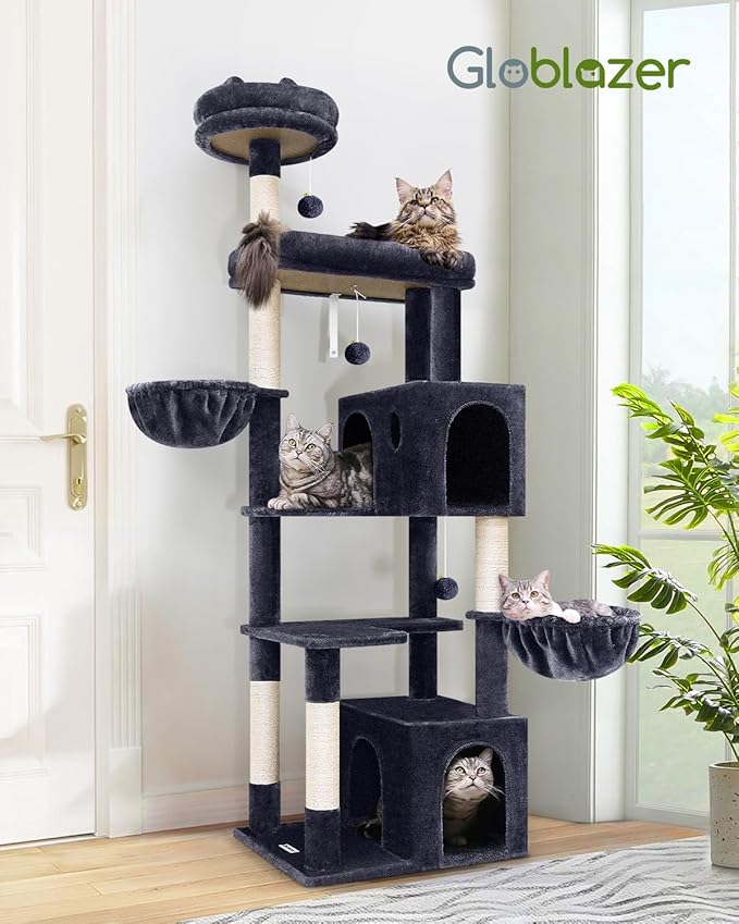 Globlazer Heavy Duty Cat Tree Tower, 73in Tall Cat Tree for Indoor Cats Large Adult, Cat Condo for Large Cats with 5 Scratching Posts, 2 Cat Caves, 2 Padded Perches, 2 Hanging Baskets, F73, Dark Gray