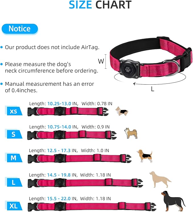 Upgraded AirTag Dog Collar, IP68 Waterproof Air Tag Dog Collar Holder, Reflective, Ultra-Durable, Comfortable Padded, Heavy Duty Dog Collars for Small Medium Large Dogs (XS (10.25"-13"), Hotpink)