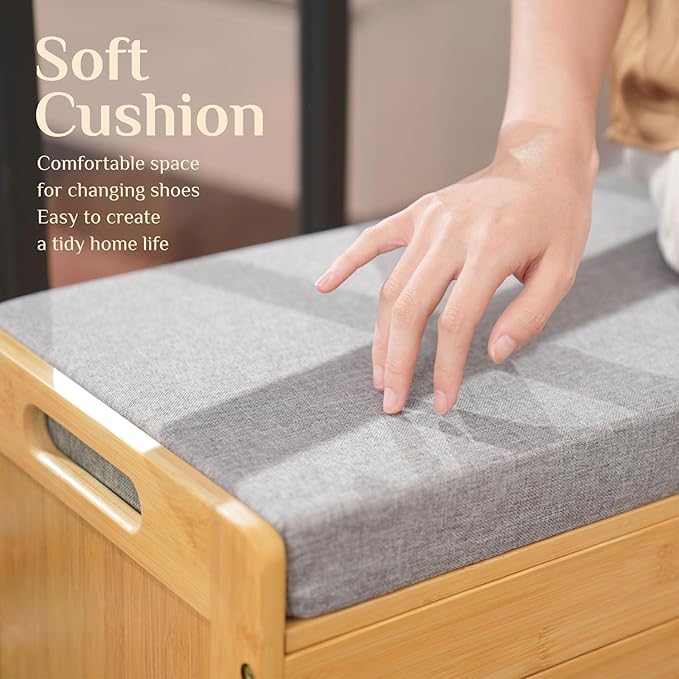 Shoe Storage Bench, Bamboo Entryway Bench with 2 Doors & Padded Seat Cushion, 35.4" W x 12.6" D x 19.7" H, 2-Tier Shoe Rack with Lift Top Hidden Storage, for Entryway, Living Room, Bedroom, Natural