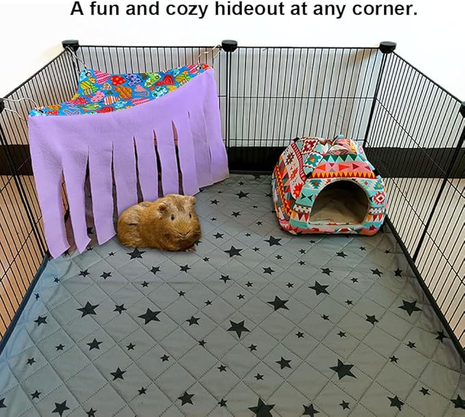 RIOUSSI Guinea Pig Hideout Hideaway Corner Fleece Toys Cage Accessories with Reversible Sides, Heart/Gray-Pink+Purple, Pack of 2