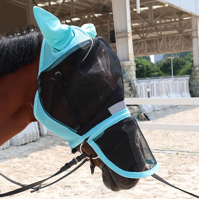 Luminous Horse Fly Mask with Long Nose, Ears, Full Face & Eye Protection - Full Mesh, Detachable Nose Cover, Fleece Padded Edging, Hook-and-Loop Straps with Webbing, Hanging Straps Mint Green