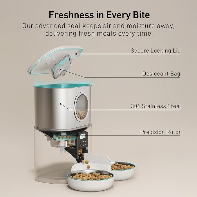 VOLUAS Automatic Cat Feeders for Two Cats,Stainless Steel 5L Pet Feeder for Cats and Dogs Timed Cat Feeder Pet Dry Food Dispenser, White