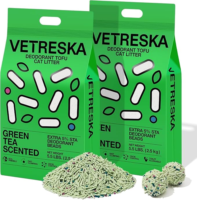 VETRESKA Tofu Cat Litter,Natural Kitty Litter Strong Clumping Flushable Cat Litter Pellets Ultra Absorbent,Odor Control,Dust-Free,Low Tracking Eco-Friendly Tofu Litter,Greentea(5.5lb×2bags)
