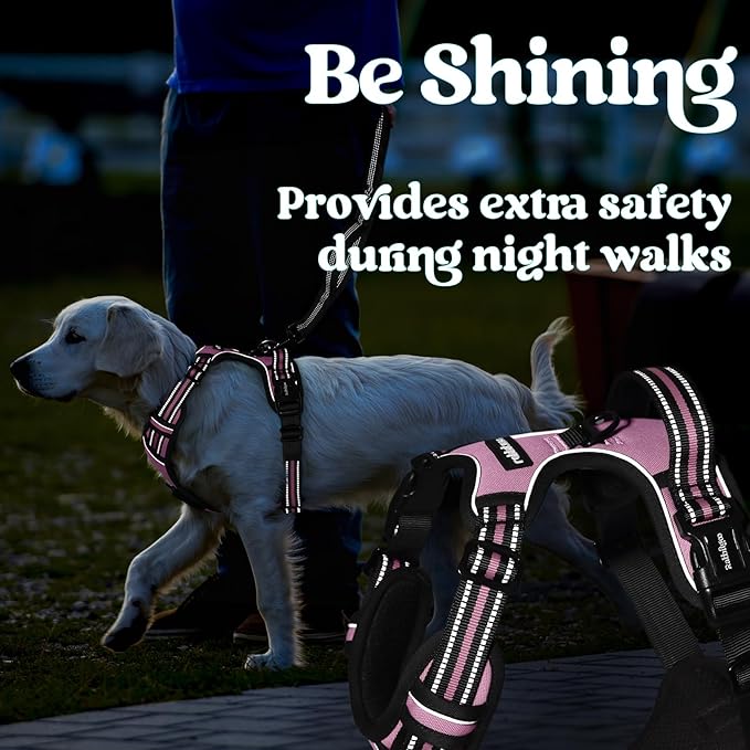 rabbitgoo Dog Harness for Large, No Pull Pet Harness with 3 Buckles, Adjustable Soft Padded Vest with Control Handle, Walking Reflective Pet Vest for Large Dogs, Pink, L