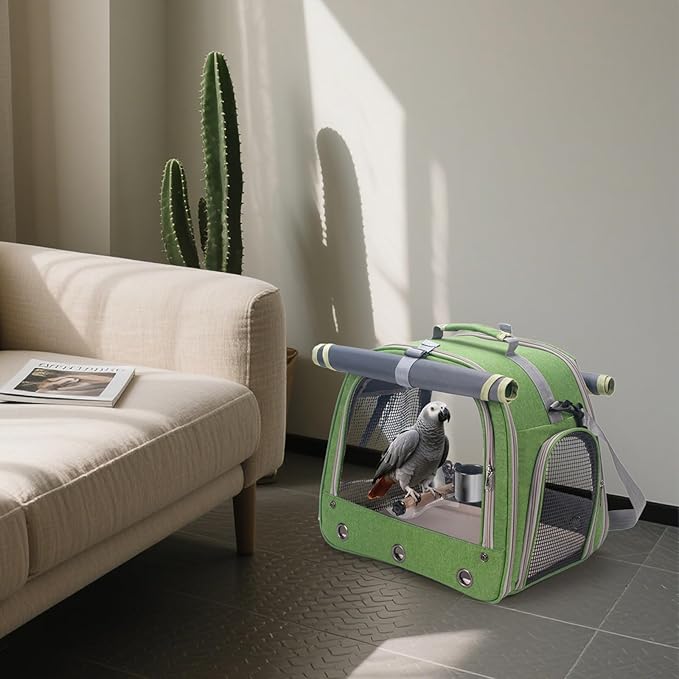 Bird Carrier Parrot Travel Cage with Perch, Food Bowl, Tray and Breathable Clear Window, Bird Travel Bag for African Gray Cockatiel Caique Conure Quaker, for Vetting Camping Hiking (Green)