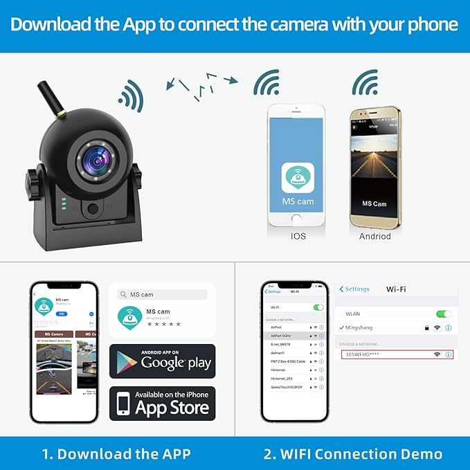 Magnetic Wireless Backup Camera-WiFi Reversing Camera with Rechargeable Battery, IP68 Waterproof, 1-min Installation, for Hitching Gooseneck Horse Trailer/Boat/RV/Pickup/Truck/Minivan