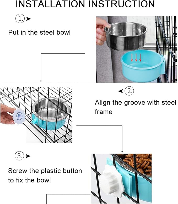 HERCOCCI Dog Crate Bowl, Removable Stainless Steel Pet Kennel Cage Hanging Food Bowls and Water Feeder Coop Cup Prevent Overflow for Puppy, Medium Dog, Cat, Rabbit, Ferret (2PCS)